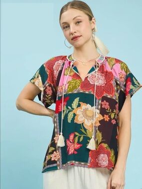 💖Hello Gorgeous! Umgee Mix Floral Patchwork Boho Tassel Tie Top- ALMOST GONE